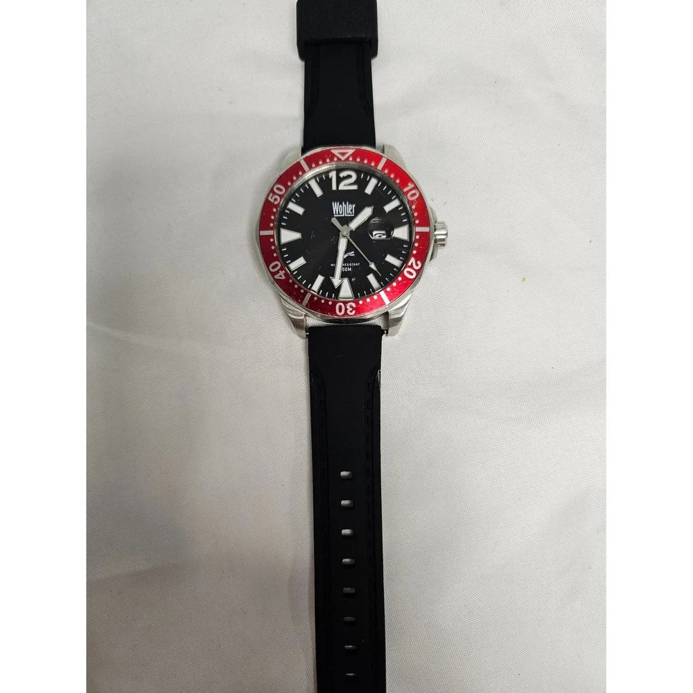 Wohler Diver Down Mens Watch Red Bezel Black Dial Silicone Strap 10ATM‎ 16063